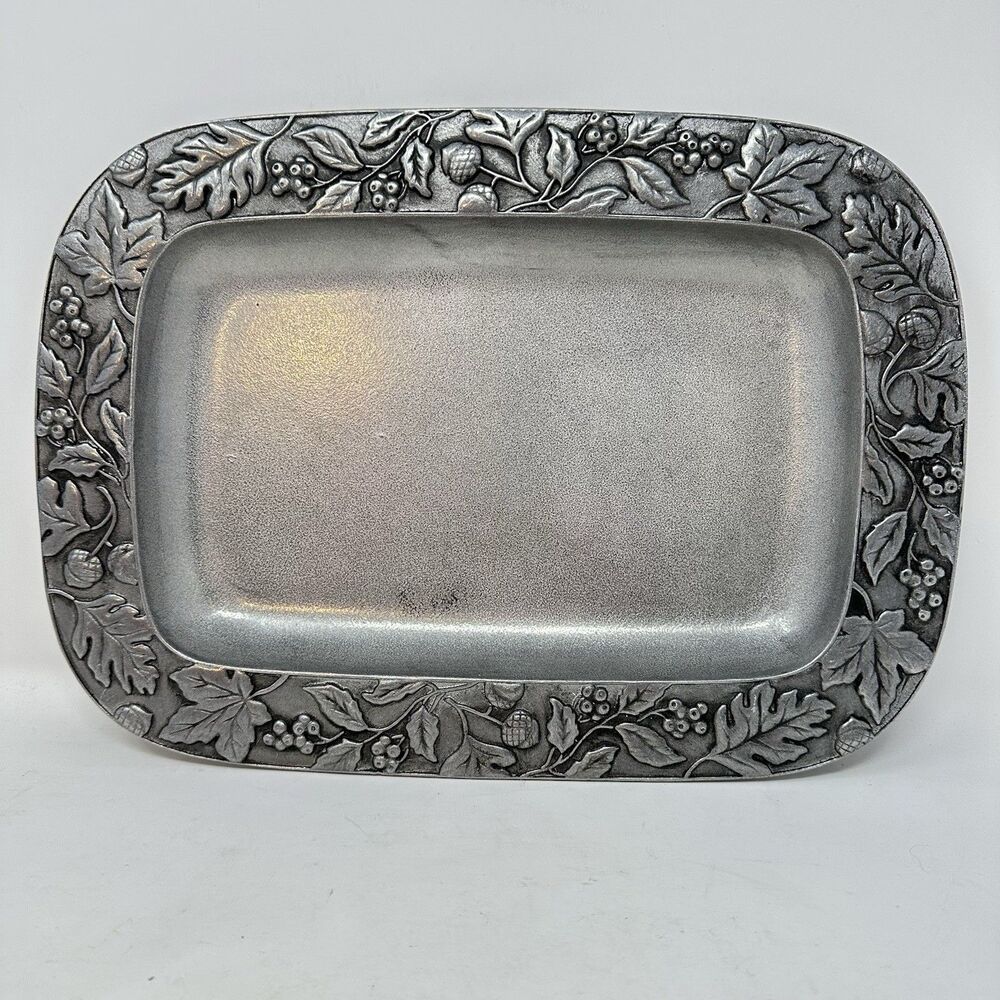 Longaberger Pewter Embossed Falling Leaves Acorns 14” x 10” Serving Tray Used